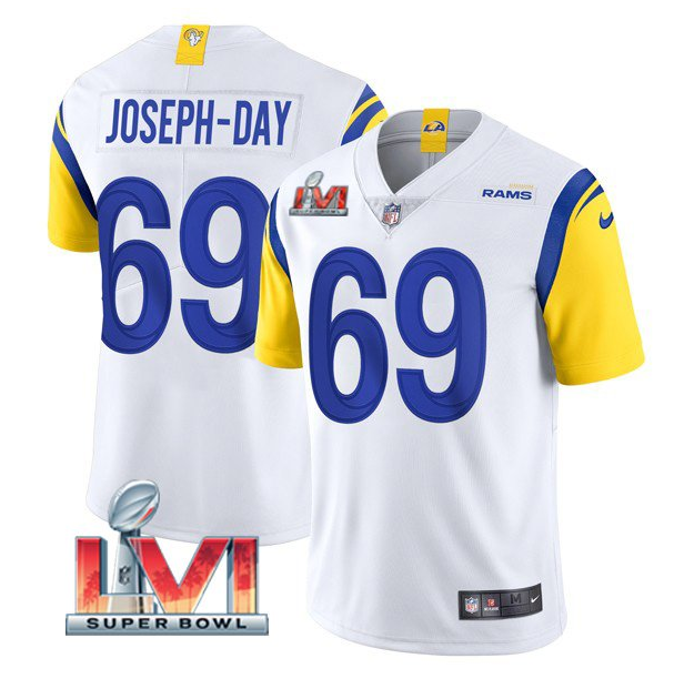 Men's Los Angeles Rams #69 Sebastian Joseph-Day 2022 White Super Bowl LVI Vapor Limited Stitched Jersey Men's Los Angeles Rams #69 Sebastian Joseph-Day 2022 White Super Bowl LVI Vapor Limited Stitched Jersey